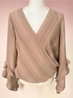 NY & Co Wrap Blouse Women’s Medium Taupe V-Neck, Ruffle Sleeve, & Elastic Hem